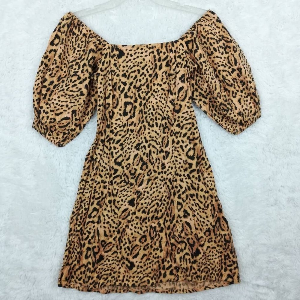 Billabong Womens A Line Dress Brown‎ Leopard Print Smocked Off Shoulder XS New